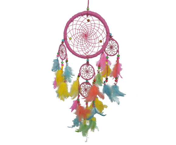 Pink Dream Catcher With Multicolored Feather.