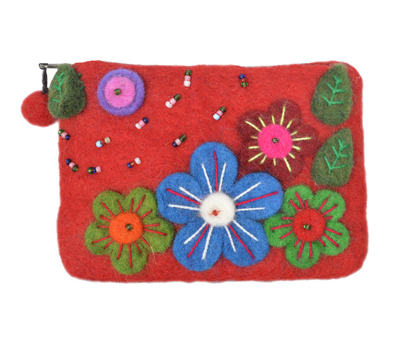 Felt Red With Flower & Leaves Coin Purse.