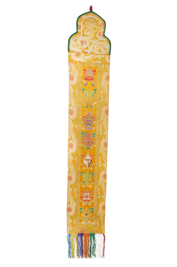 Tibetan Silk Brocade Wall Hanging With 8 Auspicious Lucky Symbols(FH-WH-1036YLW)