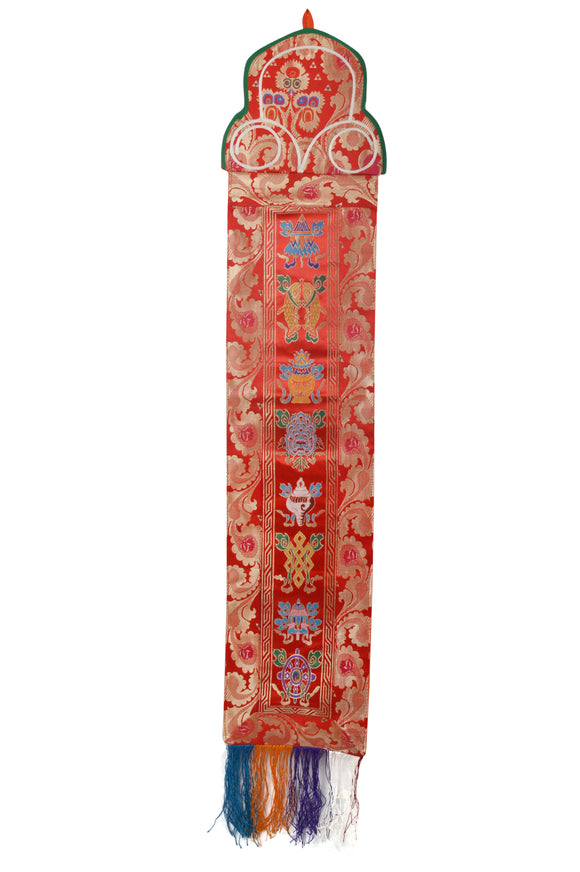 Tibetan Silk Brocade Wall Hanging With 8 Auspicious Lucky Symbols(FH-WH-1036RED)