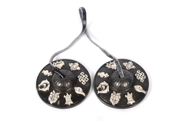 Tibetan Buddhist Hand Bells Tingsha Cymbals with Embossed 8 Auspicious Symbols (MH-TING-1080BLK)