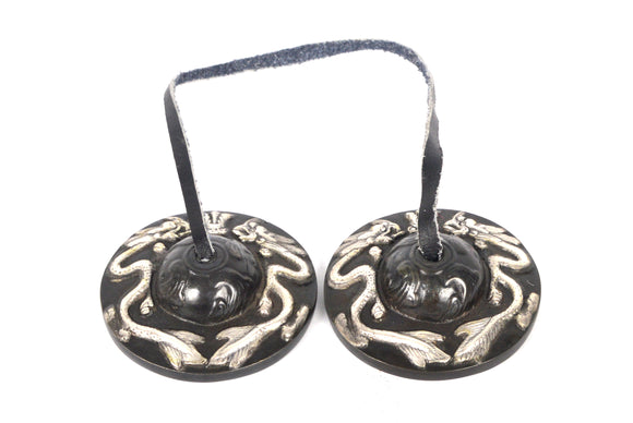 Tibetan Buddhist Hand Bells Tingsha Cymbals with Embossed Tibetan Dragons- (MH-TING-1079BLK)